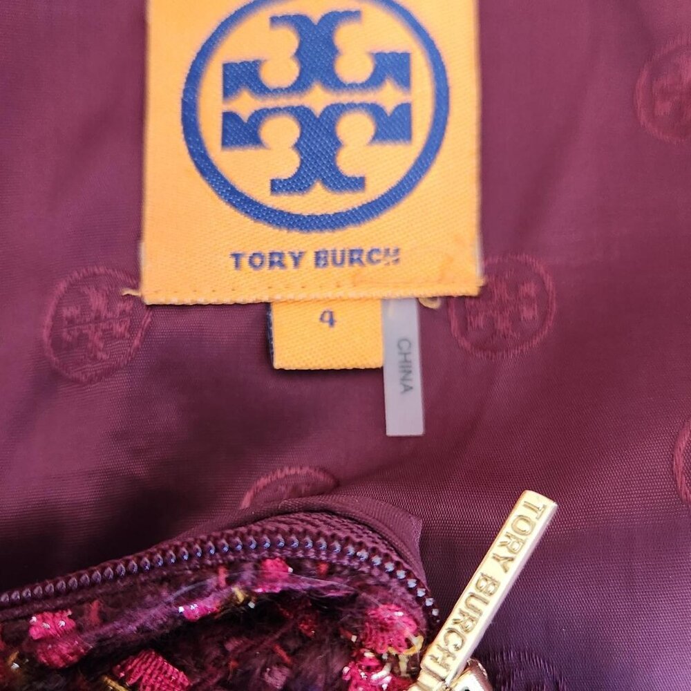 Tory Burch Wool Blend Sz 4 Basketweave Ribbon Plaid Pencil Skirt Pink Tweed Work - Picture 9 of 10